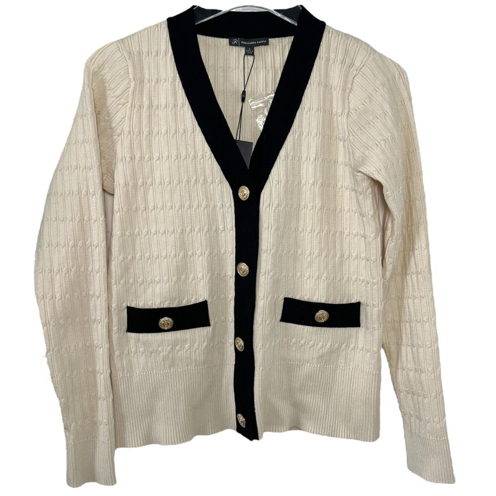 Adrianna Papell Cardigan Sweater Womens S Cream Black Button Down Textured NWT